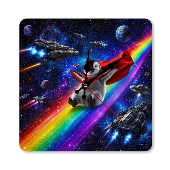 RKSupls 1010inch Baby Penguin Superhero Sliding On Rainbow Square Unmarked Wall Clock Silent Non-Ticking Home Decor for Bedroom Living Room Office Classroom Easy to Install