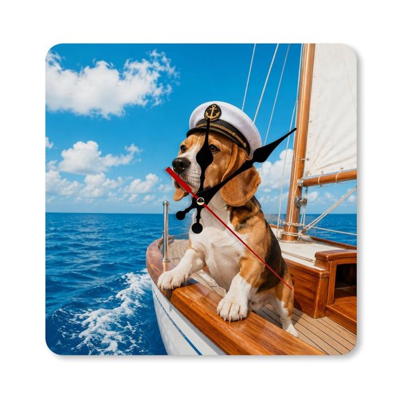 RKSupls 10×10inch Beagle Captain Sailboat Ocean Square Unmarked Wall Clock Silent Non-Ticking Home Decor for Bedroom Living Room Office Classroom Easy to Install