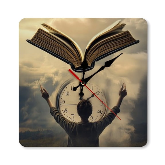 RKSupls 10×10inch Book Clock Sky Surreal Square Unmarked Wall Clock Silent Non-Ticking Home Decor for Bedroom Living Room Office Classroom Easy to Install