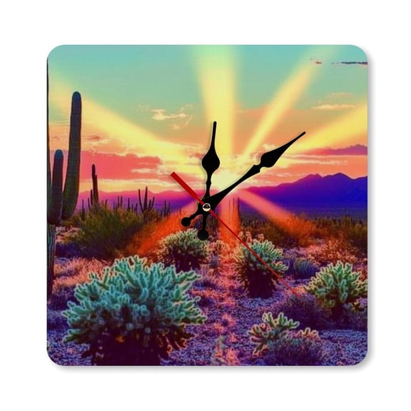 RKSupls 10×10inch Cactus Desert Sunset Rays Square Unmarked Wall Clock Silent Non-Ticking Home Decor for Bedroom Living Room Office Classroom Easy to Install