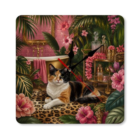 RKSupls 10×10inch Calico Cat On Leopard Print Rug Square Unmarked Wall Clock Silent Non-Ticking Home Decor for Bedroom Living Room Office Classroom Easy to Install