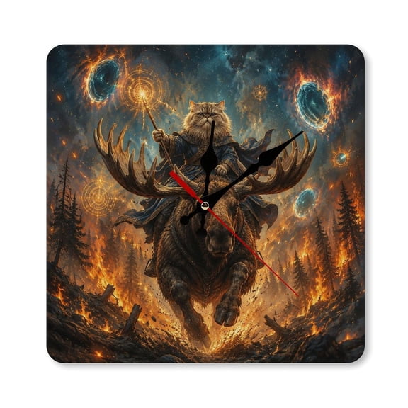 RKSupls 1010inch Cat Wizard Riding Giant Moose Square Unmarked Wall Clock Silent Non-Ticking Home Decor for Bedroom Living Room Office Classroom Easy to Install