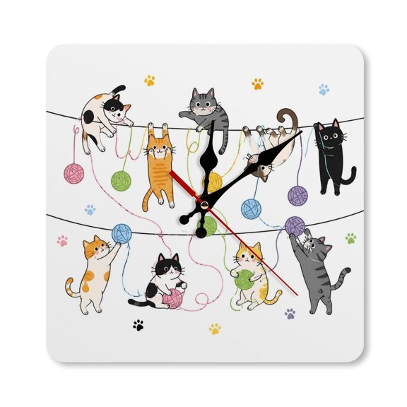 RKSupls 10×10inch Cats Playing Yarn String Square Unmarked Wall Clock Silent Non-Ticking Home Decor for Bedroom Living Room Office Classroom Easy to Install