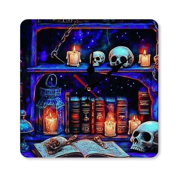 RKSupls 10×10inch Gothic Skull Candle Library Square Unmarked Wall Clock Silent Non-Ticking Home Decor for Bedroom Living Room Office Classroom Easy to Install