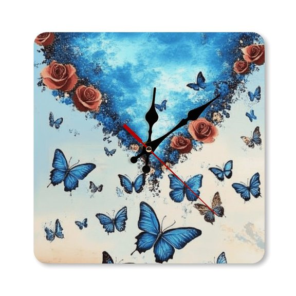 RKSupls 1010inch Heart Roses Butterflies Blue Square Unmarked Wall Clock Silent Non-Ticking Home Decor for Bedroom Living Room Office Classroom Easy to Install