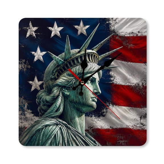 RKSupls 10×10inch Lady Liberty Profile Grunge Flag Art Square Unmarked Wall Clock Silent Non-Ticking Home Decor for Bedroom Living Room Office Classroom Easy to Install