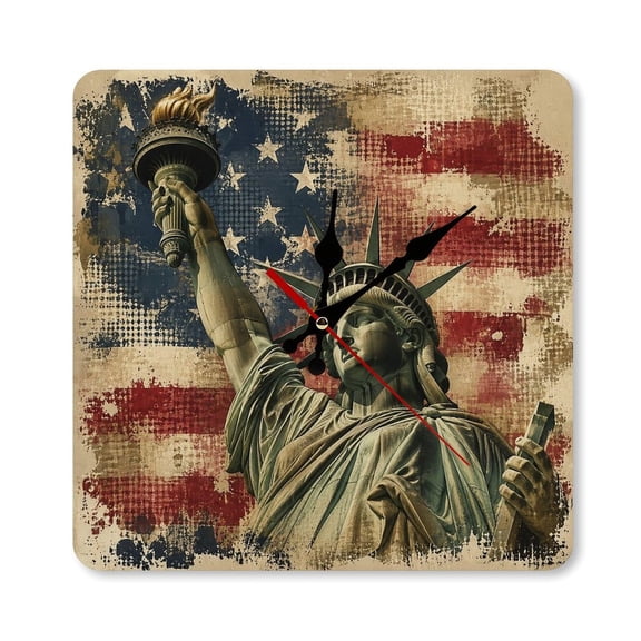 RKSupls 10×10inch Liberty Statue Torch Grunge Flag Square Unmarked Wall Clock Silent Non-Ticking Home Decor for Bedroom Living Room Office Classroom Easy to Install