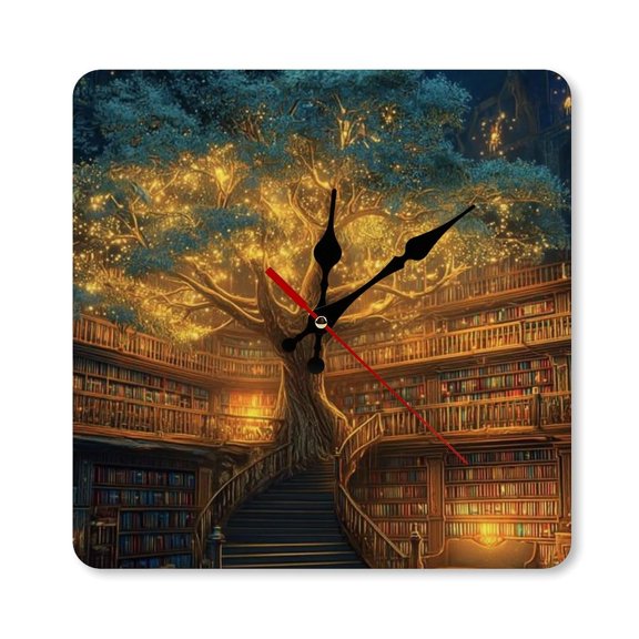RKSupls 10×10inch Magic Tree Library Glow Square Unmarked Wall Clock Silent Non-Ticking Home Decor for Bedroom Living Room Office Classroom Easy to Install
