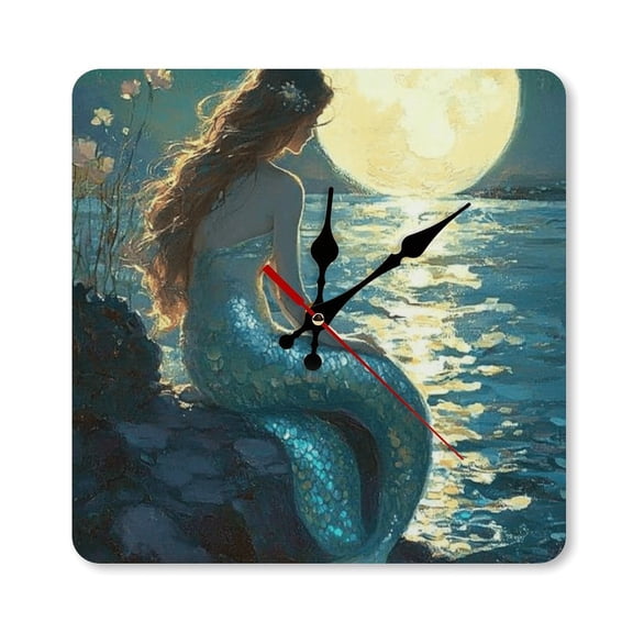 RKSupls 10×10inch Mermaid Moonlight Ocean Rock Square Unmarked Wall Clock Silent Non-Ticking Home Decor for Bedroom Living Room Office Classroom Easy to Install