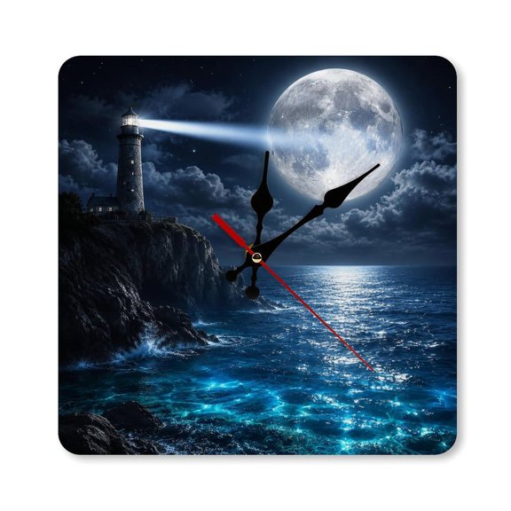 RKSupls 10×10inch Moonlight Lighthouse Cliff Seascape Square Unmarked Wall Clock Silent Non-Ticking Home Decor for Bedroom Living Room Office Classroom Easy to Install