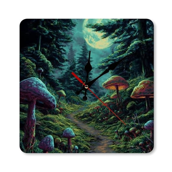 RKSupls 10×10inch Mushroom Forest Moon Square Unmarked Wall Clock Silent Non-Ticking Home Decor for Bedroom Living Room Office Classroom Easy to Install