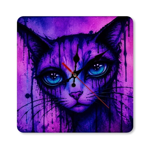 RKSupls 10×10inch Neon Cat Facewith Dripping Paint Square Unmarked Wall Clock Silent Non-Ticking Home Decor for Bedroom Living Room Office Classroom Easy to Install