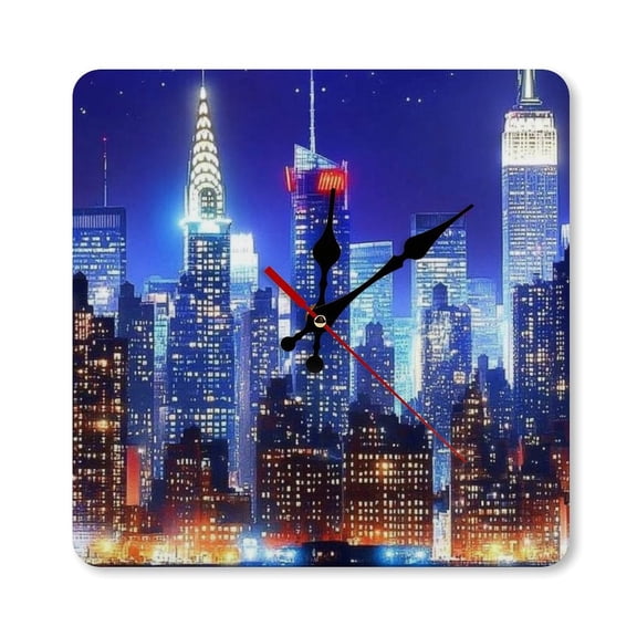 RKSupls 10×10inch New York City Night Skyline Square Unmarked Wall Clock Silent Non-Ticking Home Decor for Bedroom Living Room Office Classroom Easy to Install