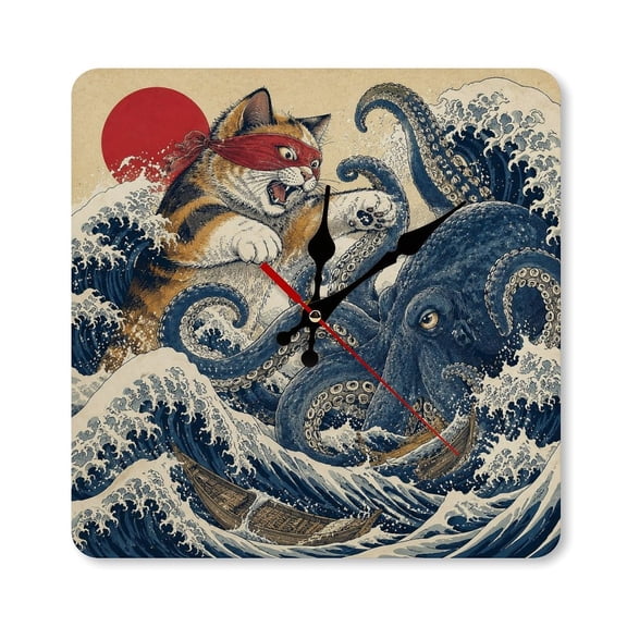 RKSupls 1010inch Ninja Cat Fighting Giant Octopus In Great Wave Square Unmarked Wall Clock Silent Non-Ticking Home Decor for Bedroom Living Room Office Classroom Easy to Install