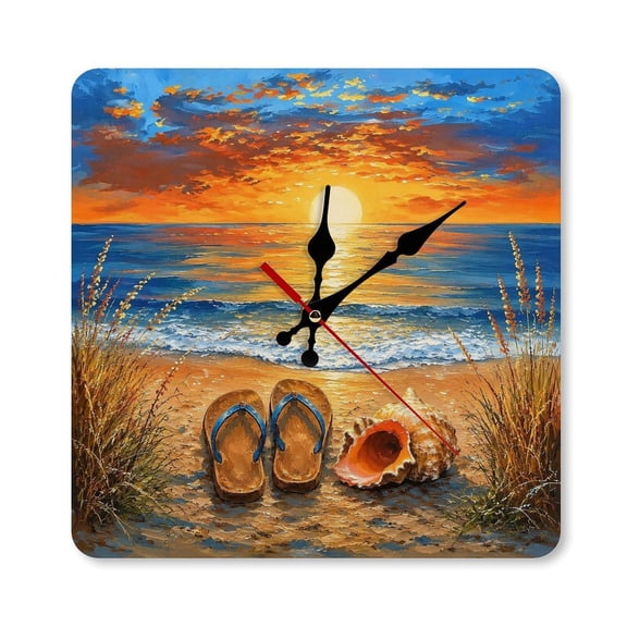 RKSupls 1010inch Oil Painting Flip Flops Shells Beach Square Unmarked Wall Clock Silent Non-Ticking Home Decor for Bedroom Living Room Office Classroom Easy to Install