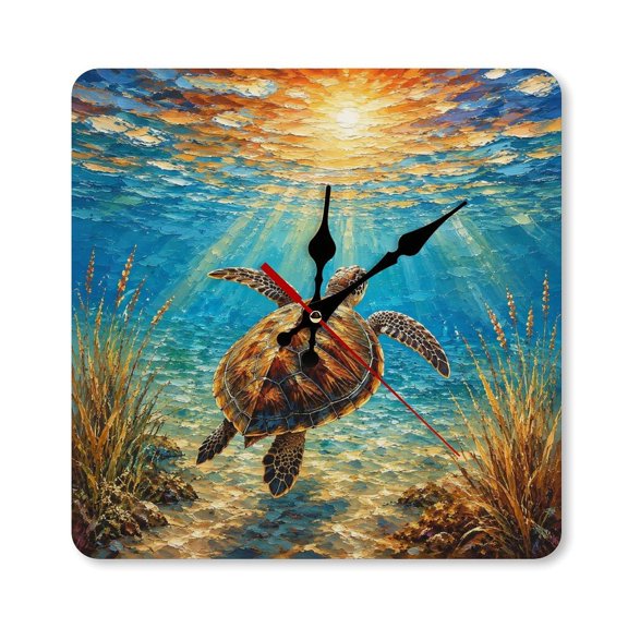 RKSupls 1010inch Oil Painting Sea Turtle Underwater Sun Square Unmarked Wall Clock Silent Non-Ticking Home Decor for Bedroom Living Room Office Classroom Easy to Install