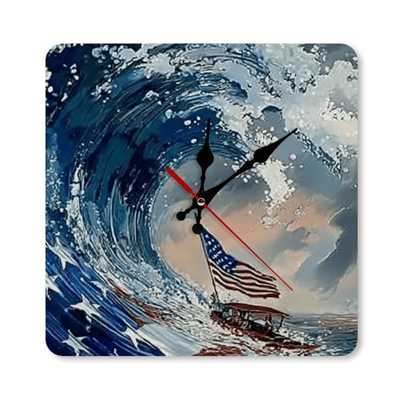 RKSupls 1010inch Patriotic Flag Wave Boat Square Unmarked Wall Clock Silent Non-Ticking Home Decor for Bedroom Living Room Office Classroom Easy to Install
