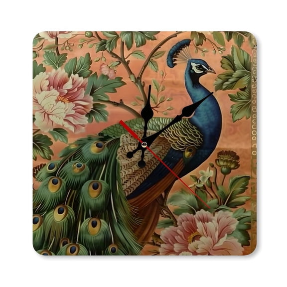 RKSupls 1010inch Peacock Flowers Art Deco Square Unmarked Wall Clock Silent Non-Ticking Home Decor for Bedroom Living Room Office Classroom Easy to Install