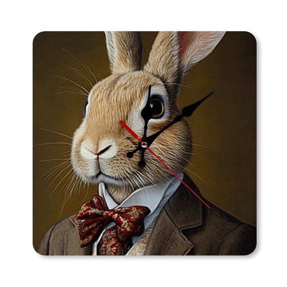 RKSupls 10×10inch Rabbit Suit Bow Tie Portrait Square Unmarked Wall Clock Silent Non-Ticking Home Decor for Bedroom Living Room Office Classroom Easy to Install