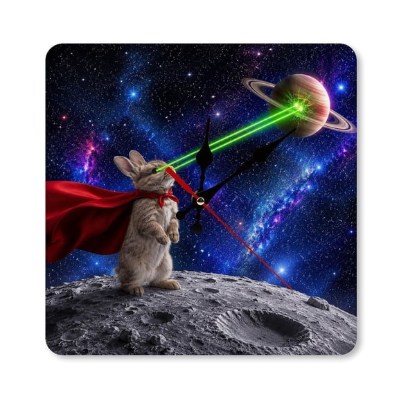 RKSupls 10×10inch Rabbit Superhero With Laser Eyes On Moon Surface Square Unmarked Wall Clock Silent Non-Ticking Home Decor for Bedroom Living Room Office Classroom Easy to Install