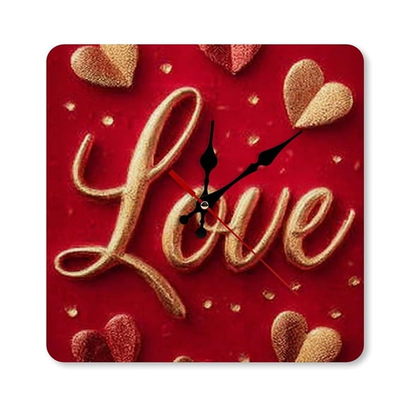 RKSupls 10×10inch Red Gold Love Hearts Square Unmarked Wall Clock Silent Non-Ticking Home Decor for Bedroom Living Room Office Classroom Easy to Install