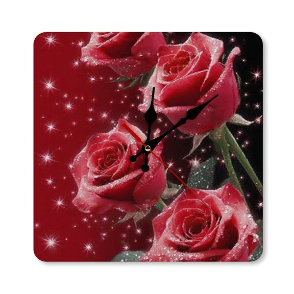 RKSupls 10×10inch Red Roses Sparkle Romantic Square Unmarked Wall Clock Silent Non-Ticking Home Decor for Bedroom Living Room Office Classroom Easy to Install