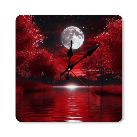 RKSupls 10×10inch Red Trees Moonlight Lake Square Unmarked Wall Clock Silent Non-Ticking Home Decor for Bedroom Living Room Office Classroom Easy to Install