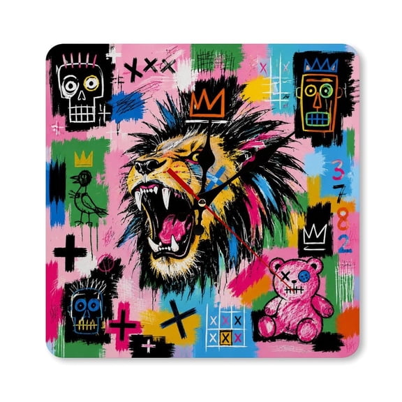RKSupls 1010inch Roaring Lion Street Art Square Unmarked Wall Clock Silent Non-Ticking Home Decor for Bedroom Living Room Office Classroom Easy to Install