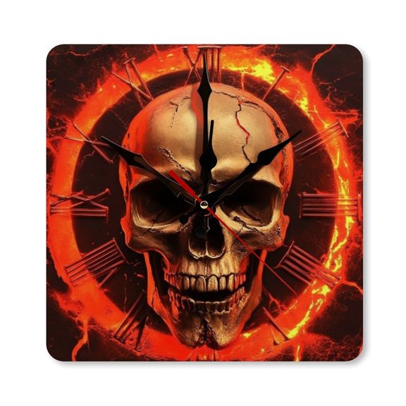 RKSupls 10×10inch Skull Clock Fire Lava Square Unmarked Wall Clock Silent Non-Ticking Home Decor for Bedroom Living Room Office Classroom Easy to Install