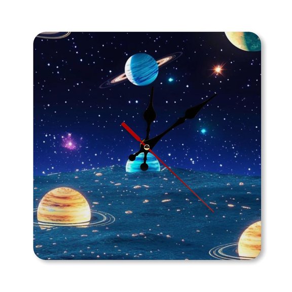 RKSupls 1010inch Space Planet Ocean Reflection Square Unmarked Wall Clock Silent Non-Ticking Home Decor for Bedroom Living Room Office Classroom Easy to Install