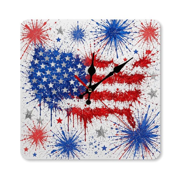 RKSupls 10×10inch Splatter Flag Fireworks Grunge Square Unmarked Wall Clock Silent Non-Ticking Home Decor for Bedroom Living Room Office Classroom Easy to Install