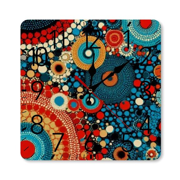 RKSupls 10×10inch Square Silent Wall Clock Wooden Frame, Aboriginal Dots Art Scale Decorative Clock for Home Bedroom Living Room Office