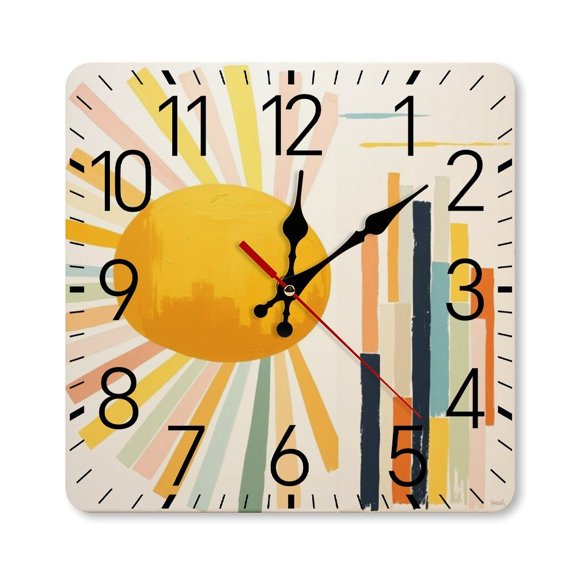 RKSupls 10×10inch Square Silent Wall Clock Wooden Frame, Abstract Sun Colorful Bars Scale Decorative Clock for Home Bedroom Living Room Office