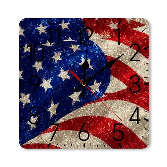 RKSupls 10×10inch Square Silent Wall Clock Wooden Frame, American Flag Glitter Scale Decorative Clock for Home Bedroom Living Room Office
