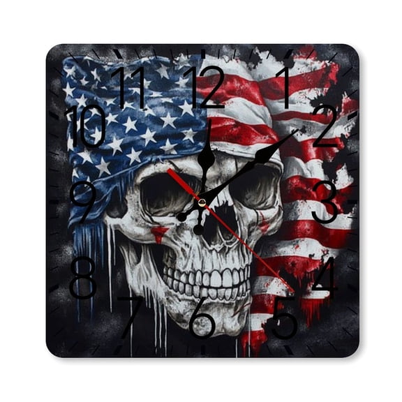 RKSupls 10×10inch Square Silent Wall Clock Wooden Frame, American Flag Skull Scale Decorative Clock for Home Bedroom Living Room Office