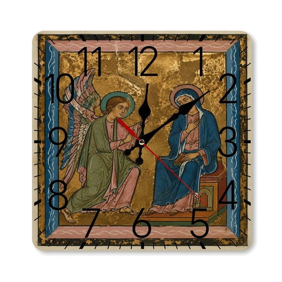 RKSupls 10×10inch Square Silent Wall Clock Wooden Frame, Annunciation Icon Gold Background Scale Decorative Clock for Home Bedroom Living Room Office