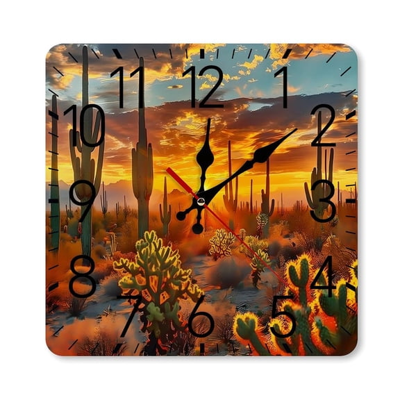 RKSupls 1010inch Square Silent Wall Clock Wooden Frame, Arizona Desert Cactus Sunset Scale Decorative Clock for Home Bedroom Living Room Office
