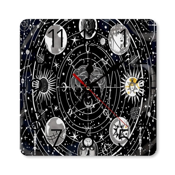 RKSupls 1010inch Square Silent Wall Clock Wooden Frame, Astrology Zodiac Planets Stars Scale Decorative Clock for Home Bedroom Living Room Office