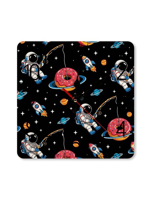 1010inch Square Silent Wall Clock Wooden Frame, Astronaut Fishing Donut Planet Scale Decorative Clock for Home Bedroom Living Room Office