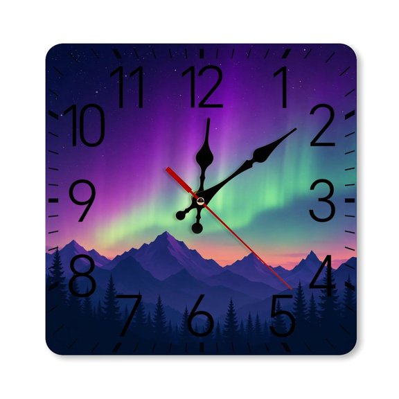 RKSupls 1010inch Square Silent Wall Clock Wooden Frame, Aurora Mountain Night Landscape Scale Decorative Clock for Home Bedroom Living Room Office