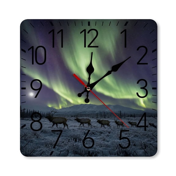 RKSupls 10×10inch Square Silent Wall Clock Wooden Frame, Aurora Reindeer Tundra Scene Scale Decorative Clock for Home Bedroom Living Room Office