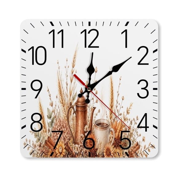 RKSupls 1010inch Square Silent Wall Clock Wooden Frame, Autumn Coffee Copper Kettle Floral Scale Decorative Clock for Home Bedroom Living Room Office
