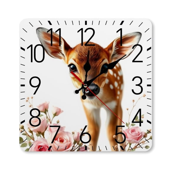 RKSupls 10×10inch Square Silent Wall Clock Wooden Frame, Baby Deer Flowers Scale Decorative Clock for Home Bedroom Living Room Office