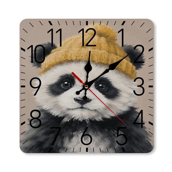 RKSupls 10×10inch Square Silent Wall Clock Wooden Frame, Baby Panda in Yellow Knit Beanie Scale Decorative Clock for Home Bedroom Living Room Office