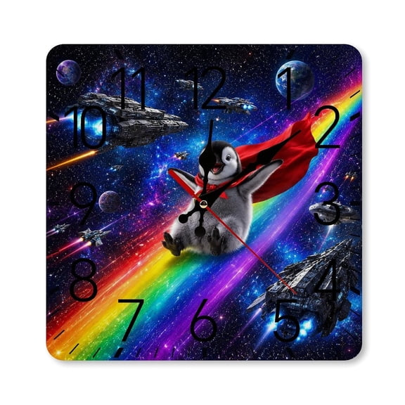 RKSupls 1010inch Square Silent Wall Clock Wooden Frame, Baby Penguin Superhero Sliding On Rainbow Scale Decorative Clock for Home Bedroom Living Room Office