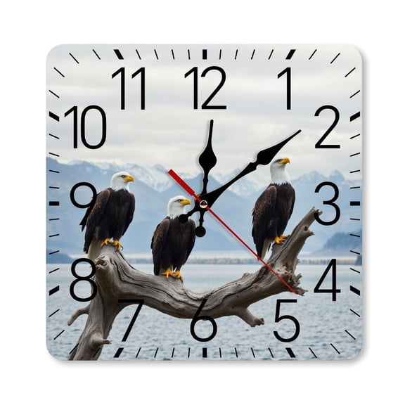 RKSupls 10×10inch Square Silent Wall Clock Wooden Frame, Bald Eagles Mountain Scale Decorative Clock for Home Bedroom Living Room Office