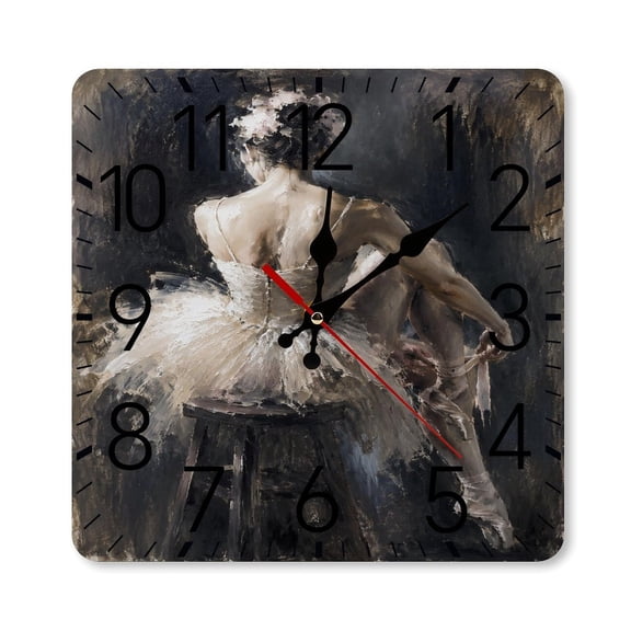 RKSupls 1010inch Square Silent Wall Clock Wooden Frame, Ballerina Tying Ribbons Back View Scale Decorative Clock for Home Bedroom Living Room Office