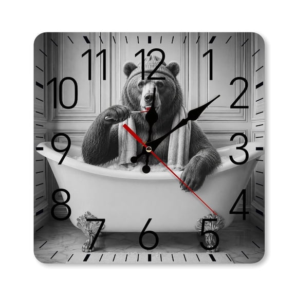 RKSupls 1010inch Square Silent Wall Clock Wooden Frame, Bear Brushing Teeth In Bathtub Scale Decorative Clock for Home Bedroom Living Room Office
