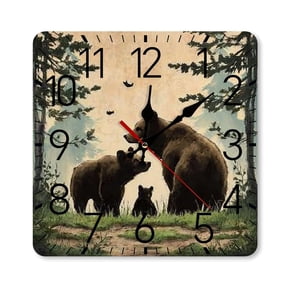 RKSupls 1010inch Square Silent Wall Clock Wooden Frame, Bear Family Forest Scale Decorative Clock for Home Bedroom Living Room Office