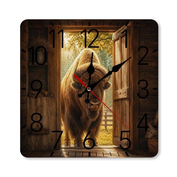 RKSupls 1010inch Square Silent Wall Clock Wooden Frame, Bison Barn Doorway Scale Decorative Clock for Home Bedroom Living Room Office